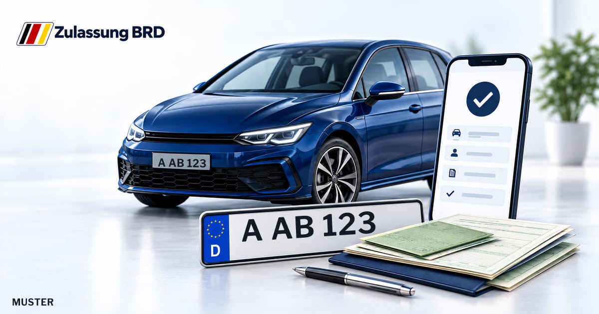 Online Fahrzeugzulassung in Augsburg-Lechhausen: Musterkennzeichen A AB 123, Auto und Fahrzeugpapiere und Smartphone. Illustration mit Logo von Zulassung BRD.